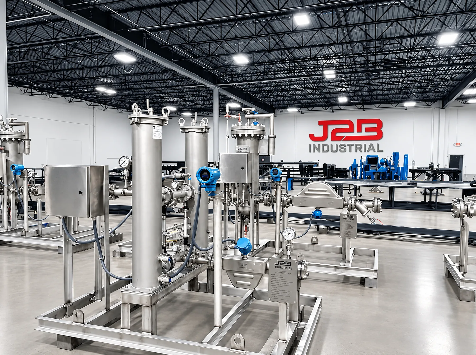 Stainless filtration skids with control panels in parallel production