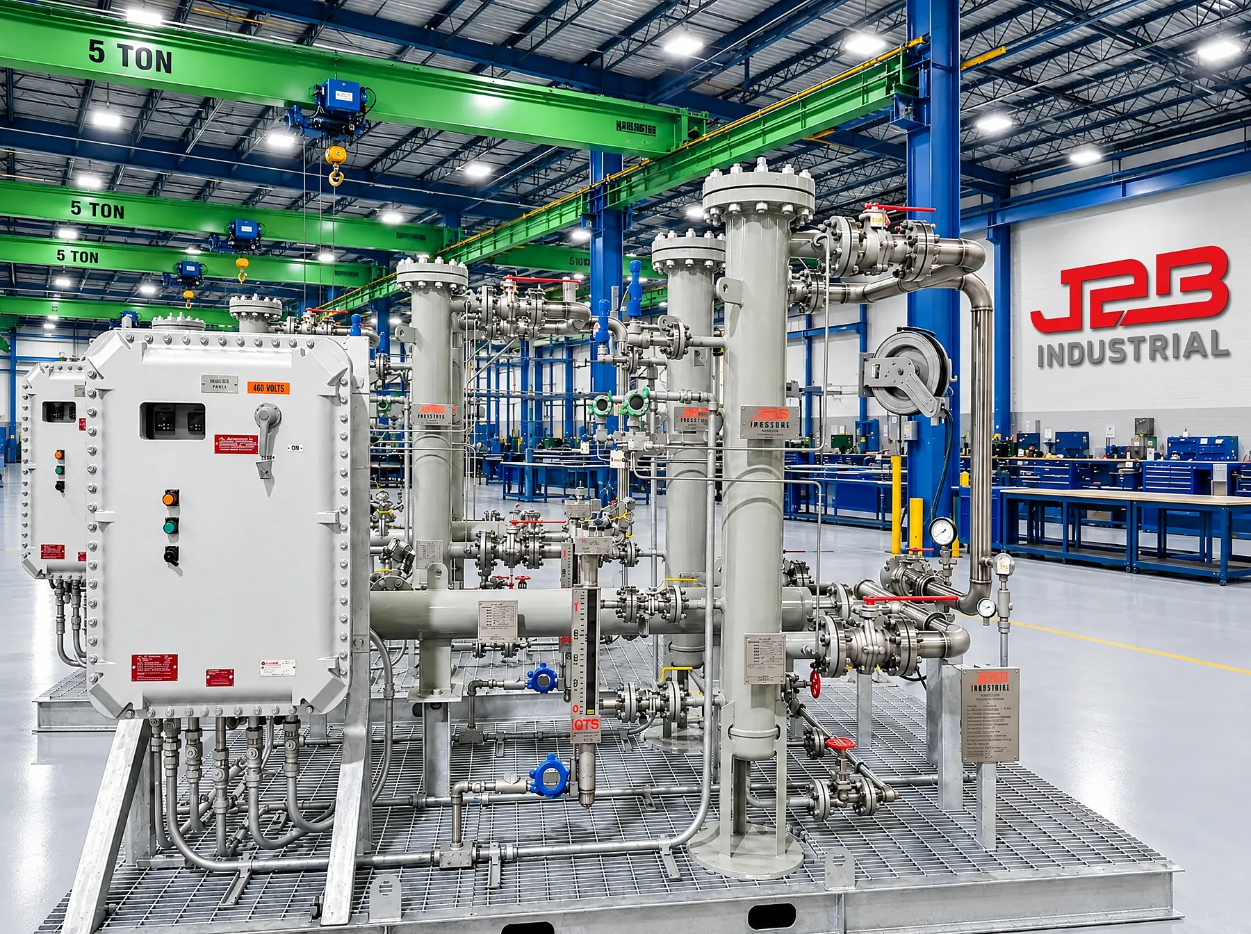 Fuel gas conditioning skid with its control panel below an overhead crane