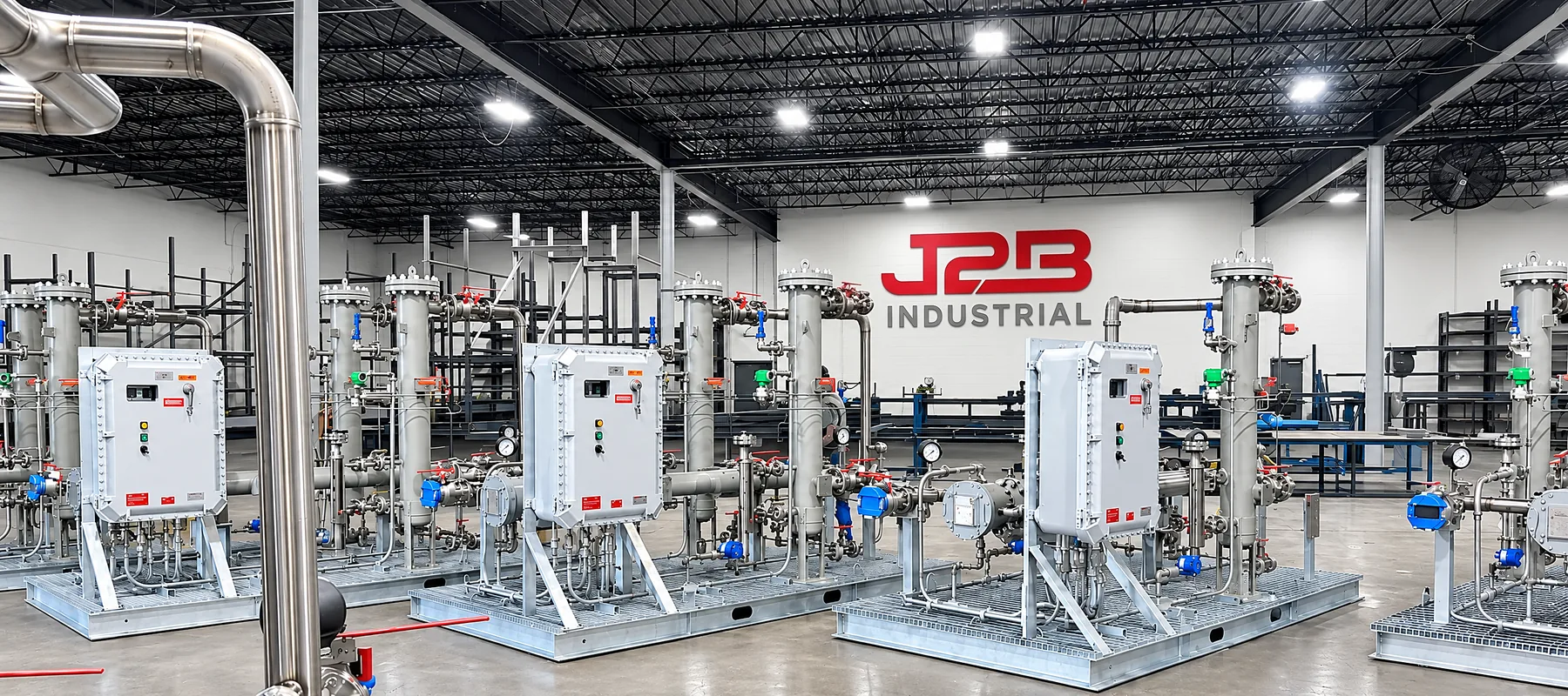 Three identical J2B process skids on the production floor