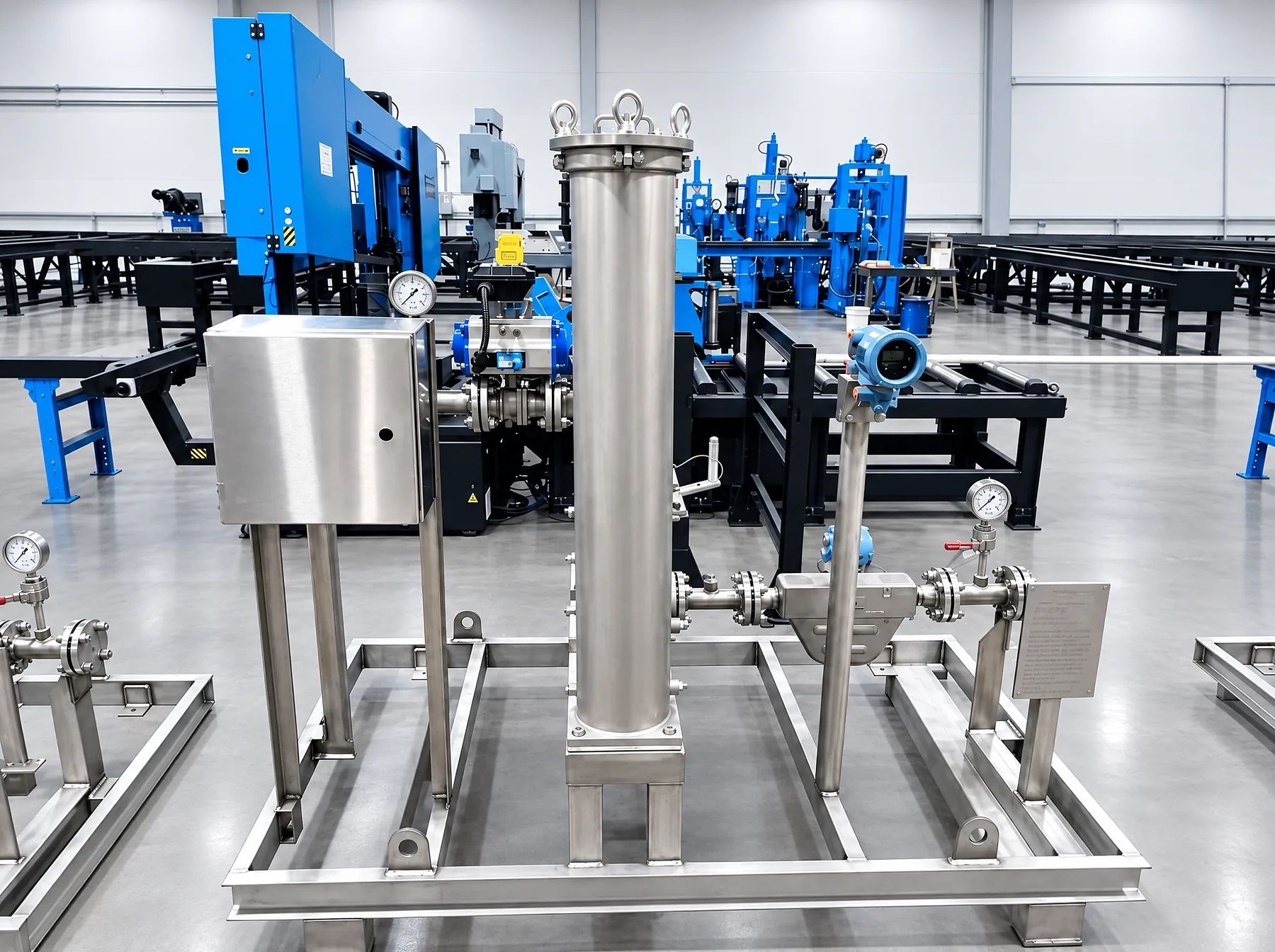 Stainless filter housing skid with gauges and transmitters