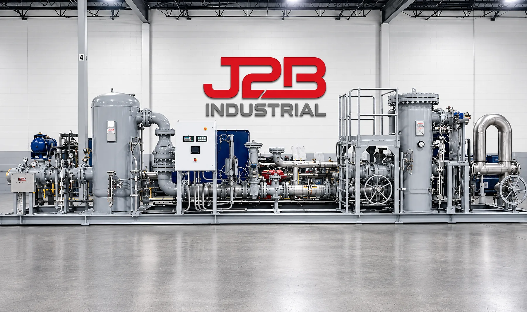 Gas conditioning skid in front of the J2B Industrial sign
