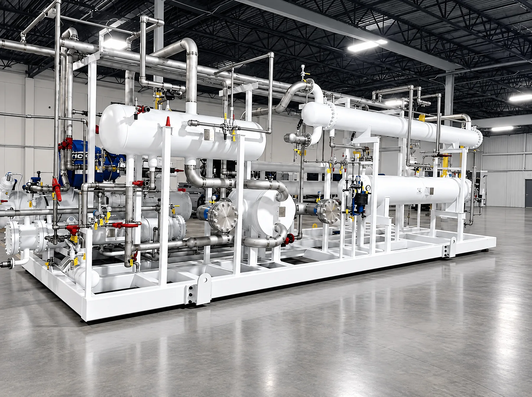Heat exchanger skid with insulated shells and piping on a white steel frame