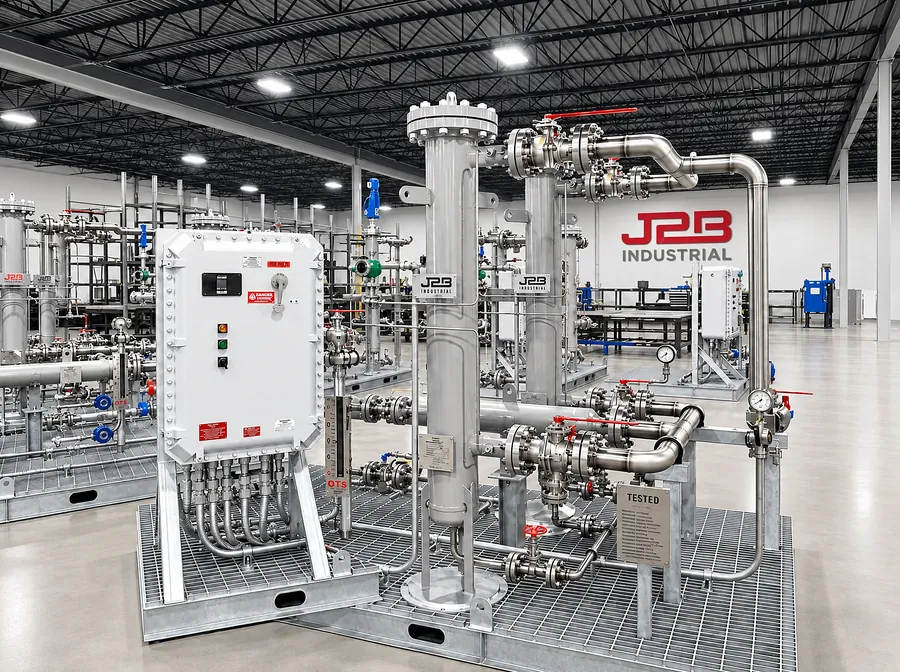 Water treatment skid with stainless vessels, piping and a control panel