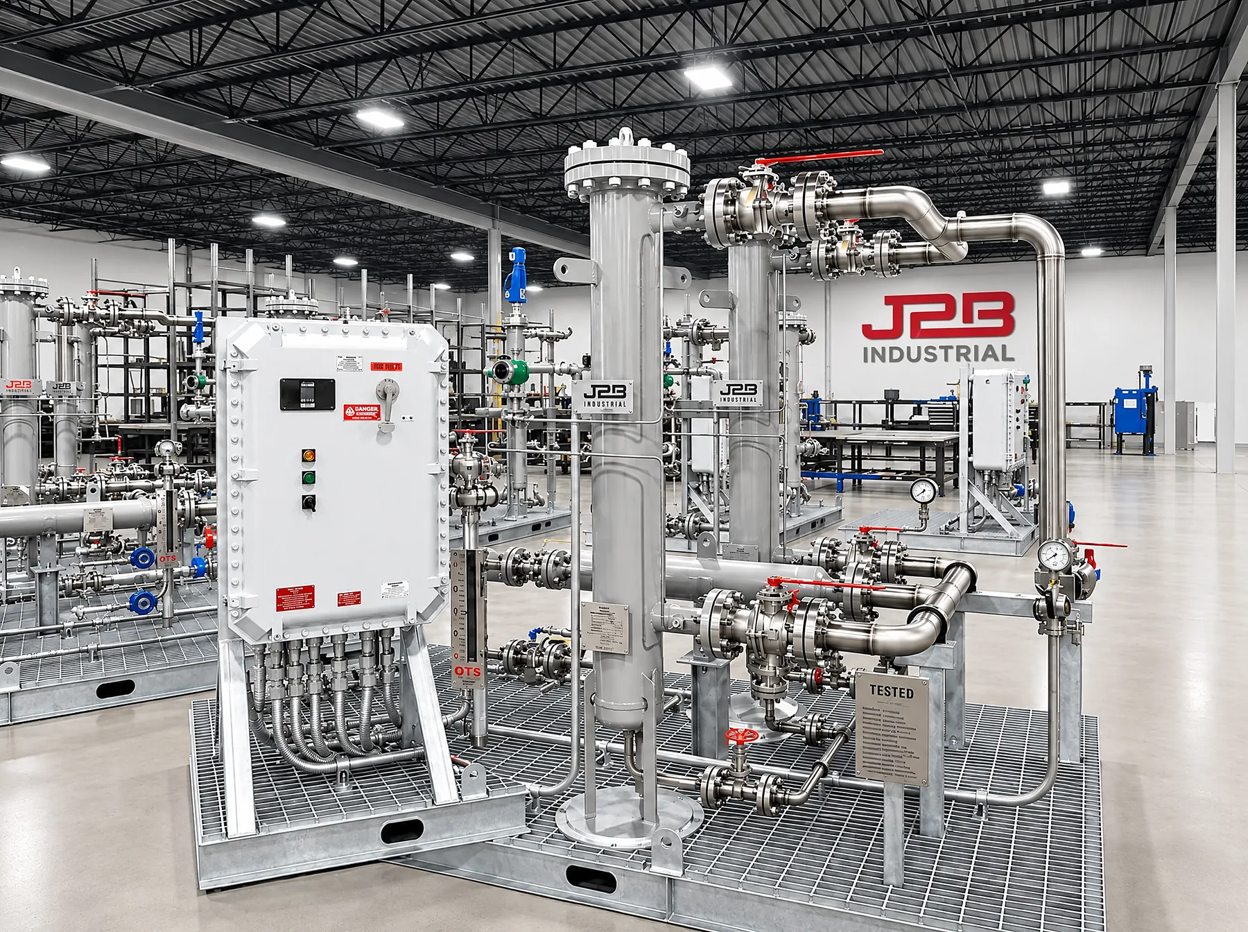 Water treatment skid with stainless vessels, piping and a control panel